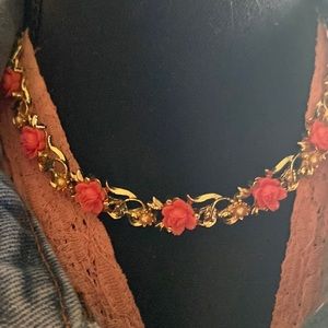 Vintage coral rose bakelite rose, and tiny pearls very feminine!Set